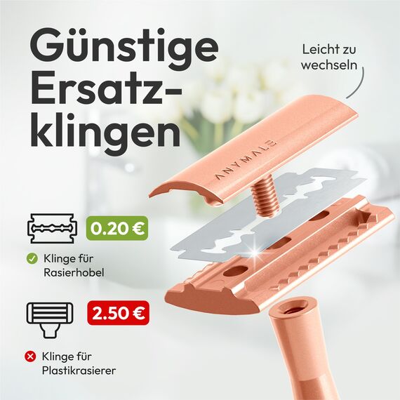 ANYMALE® Rasierhobel Damen - Set mit Ständer, Reiseschutz und 5 Klingen - Zero Waste Rasierer aus Metall - Rasierhobel Rosegold Edition