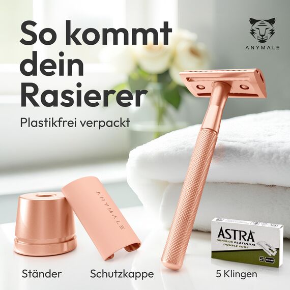 ANYMALE® Rasierhobel Damen - Set mit Ständer, Reiseschutz und 5 Klingen - Zero Waste Rasierer aus Metall - Rasierhobel Rosegold Edition