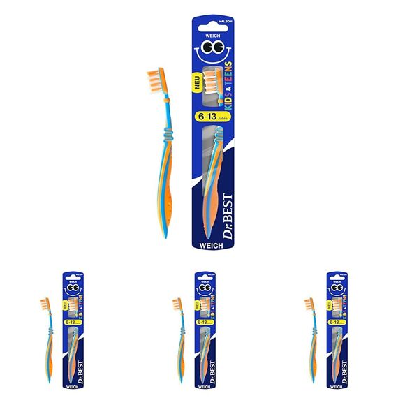 Dr.BEST Kids & Teens Zahnbürste, 6 bis 13 Jahre, Weich, 1 Stück, mit 4 Vorteilen für neue, bleibende Zähne (Packung mit 4)