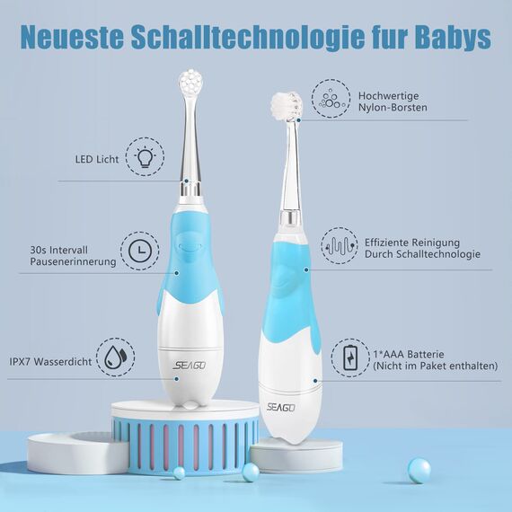 Seago SG-513 Elektrische Zahnbürste Kinder Baby Kinderzahnbürste Elektrisch ab 0-3 Jahre mit LED Licht Smart Timer Babyzahnbürste Wasserdicht IPX7 Schallzahnbürste (Baby Blau)