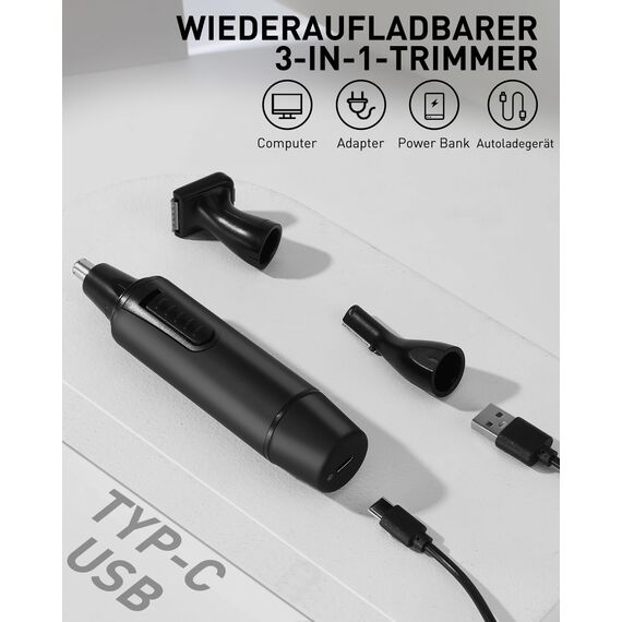 Nasenhaartrimmer Herren, 3 in 1 Professioneller Ohrhaarschneider und Nasenhaarentferner für Männer und Frauen， USB Wiederaufladbar, mit IPX7 Wasserdicht, Dual Klingen, Einfache Reinigung, Schwarz