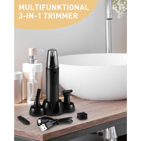 Nasenhaartrimmer Herren, 3 in 1 Professioneller Ohrhaarschneider und Nasenhaarentferner für Männer und Frauen， USB Wiederaufladbar, mit IPX7 Wasserdicht, Dual Klingen, Einfache Reinigung, Schwarz