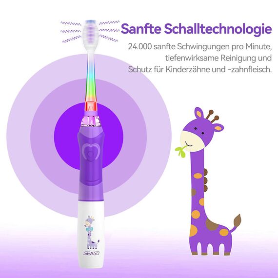 Seago Elektrische Zahnbürste Kinder ab 3-12 jahre Kinderzahnbürsten Elektrisch mit Farbigem Licht Smart Timer 8 Weich Bürstenköpfes Wasserdicht Baby Schallzahnbürste SG977 (Violett-8-DE)