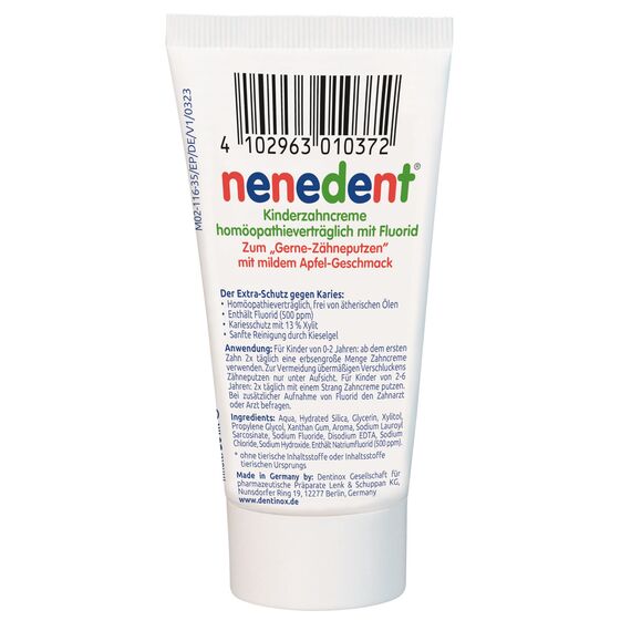 nenedent® Kinderzahncreme homöopathieverträglich mit Fluorid - Sanfte Pflege für starken Schutz | 500 ppm Fluorid | frei von Ätherischen Ölen, 1x 50ml (Packung mit 3)