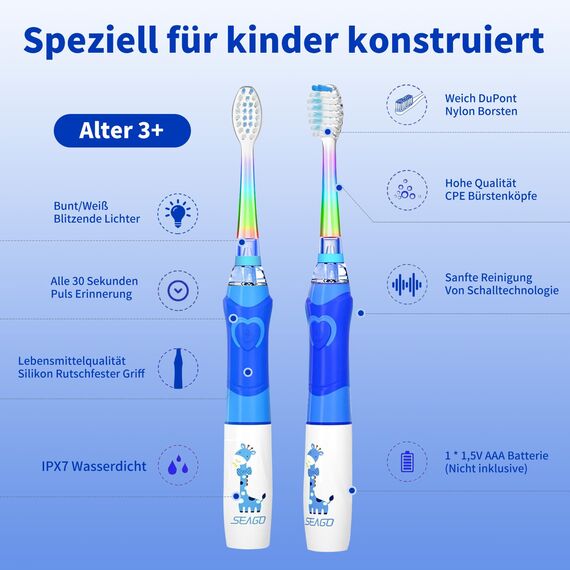 Seago Elektrische Zahnbürste Kinder ab 3-12 jahre Kinderzahnbürsten mit Farbigem Licht Smart Timer 4 Weich Bürstenköpfes Wasserdicht Baby Schallzahnbürste für Mädchen Jungen SG-977 (Neu Blau-DE)