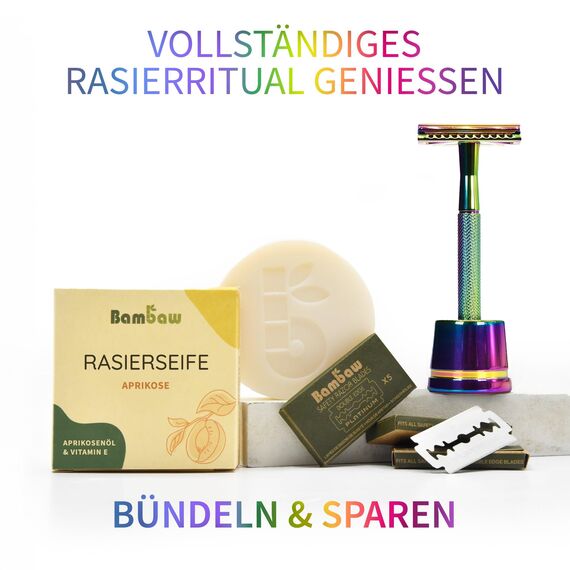 Bambaw Nassrasierer mit 5 Rasierklingen aus Schwedischem Edelstahl, Rasierhobel Geschlossener Kamm, Rasierhobel Metall mit Ausgeglichenem Gewicht für Volle Kontrolle (Regenbogenfarben)