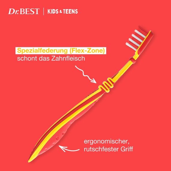 Dr.BEST Kids & Teens Zahnbürste, 6 bis 13 Jahre, Weich, 1 Stück, mit 4 Vorteilen für neue, bleibende Zähne (Packung mit 4)