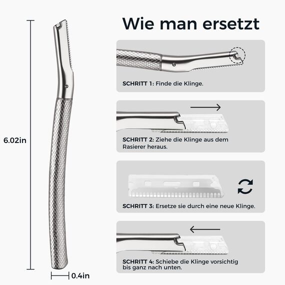 Augenbrauen Rasierer, Wiederverwendbare Gesichtsrasierer für Männer & Frauen, Edelstahl Augenbrauen Trimmer Shaper mit Präzisionsabdeckung, Dermaplaning Tool, Gesichtsrasierer mit 6 Klingen (Silber)