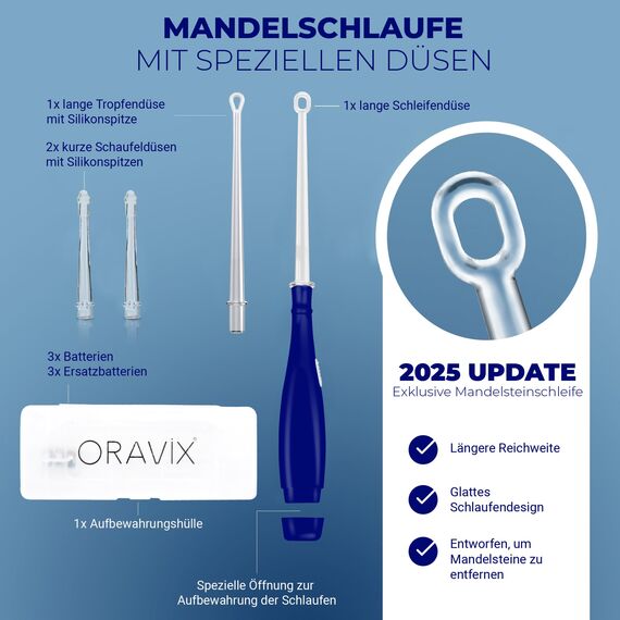 ORAVIX Tonsillenstein Entferner Set - Einfach Mandelsteine Entfernen und Mundgeruch stoppen - Mit LED-Licht, Zungenreiniger und Spritze
