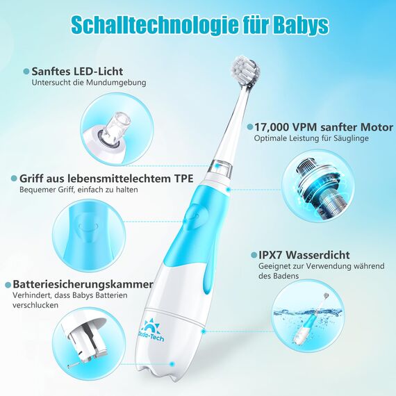 Elektrische Zahnbürste Kinder Baby Zahnbürste Kinderzahnbürste Elektrisch ab 1 2 3 Jahre mit LED-Licht Integrierter Timer 90%abgerundeten Borsten Babyzahnbürste für Kleinkind ab 6 Monate(Blau Pinguin)