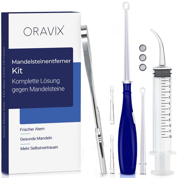 ORAVIX Tonsillenstein Entferner Set - Einfach Mandelsteine Entfernen und Mundgeruch stoppen - Mit LED-Licht, Zungenreiniger und Spritze