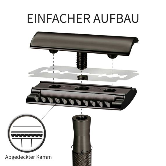 Bambaw Rasierhobel Herren mit Ständer und 5 Rasierhobel Klingen, Metall Rasierer Herren mit Geschlossenem Kamm Für Eine Präzise & Sanfte Rasur, Ausgeglichenes Gewicht für Volle Kontrolle (Schwarz)