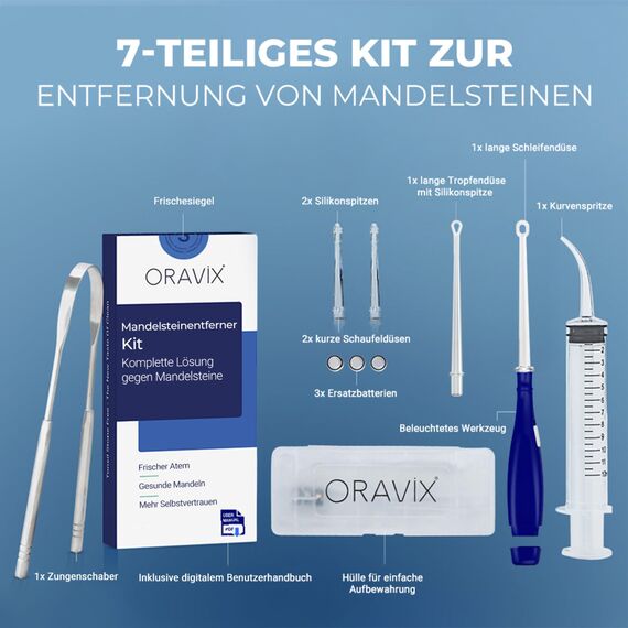 ORAVIX Tonsillenstein Entferner Set - Einfach Mandelsteine Entfernen und Mundgeruch stoppen - Mit LED-Licht, Zungenreiniger und Spritze