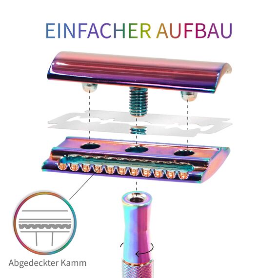 Bambaw Nassrasierer mit 5 Rasierklingen aus Schwedischem Edelstahl, Rasierhobel Geschlossener Kamm, Rasierhobel Metall mit Ausgeglichenem Gewicht für Volle Kontrolle (Regenbogenfarben)