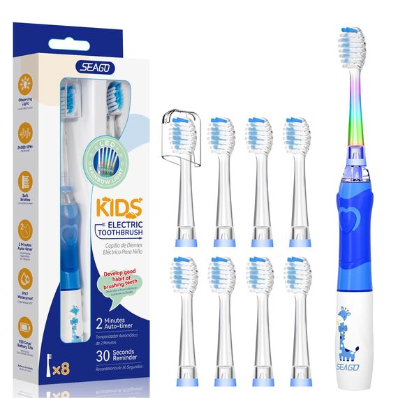 Seago Elektrische Zahnbürste Kinder ab 3-12 jahre Kinderzahnbürsten Elektrisch mit Farbigem Licht Smart Timer 8 Weich Bürstenköpfes Wasserdicht Baby Schallzahnbürste SG977 (Blau-8)