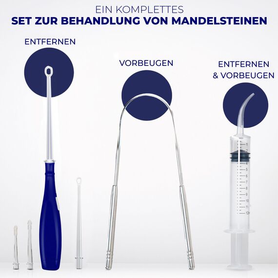 ORAVIX Tonsillenstein Entferner Set - Einfach Mandelsteine Entfernen und Mundgeruch stoppen - Mit LED-Licht, Zungenreiniger und Spritze