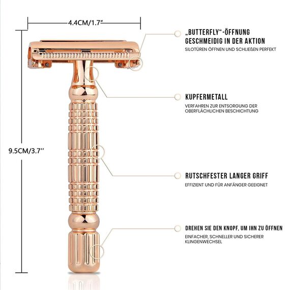 Kanzy Rasierhobel Damen und Herren Butterfly Edelstahl Nassrasierer Sicherheitsrasierer Arbeitet mit allen Doppelkante Rasierer Klingen Safety Razor