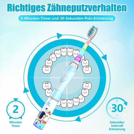 Elektrische Zahnbürste Kinder ab 3-6-8-12 Jahre mit buntem Regenbogen-LED-Licht Integrierter Timer 90% abgerundeten Borsten Schallzahnbürste für Kleinkind (Kind Astronauten Blau)