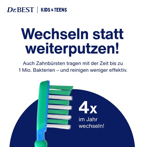 Dr.BEST Kids & Teens Zahnbürste, 6 bis 13 Jahre, Weich, 1 Stück, mit 4 Vorteilen für neue, bleibende Zähne (Packung mit 4)