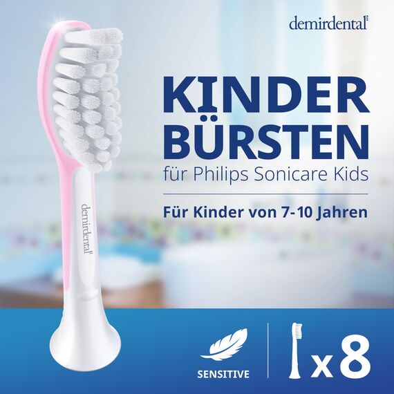 demirdental Ersatzbürsten for Kids passend für Philips Sonicare Ersatzbürsten Kids, Kinder Schallzahnbürsten, Kinder Ersatzbürsten ab 7 Jahre, entspricht HX6044, Rosa, 8er Set
