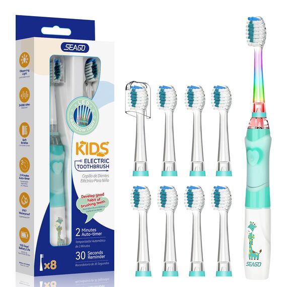 Seago Elektrische Zahnbürste Kinder ab 3-12 jahre Kinderzahnbürsten Elektrisch mit Farbigem Licht Smart Timer 8 Weich Bürstenköpfes Wasserdicht Baby Schallzahnbürste SG977 (Grün-8)