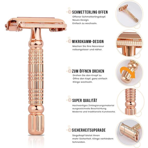 Kanzy Rasierhobel Damen und Herren Butterfly Edelstahl Nassrasierer Sicherheitsrasierer Arbeitet mit allen Doppelkante Rasierer Klingen Safety Razor