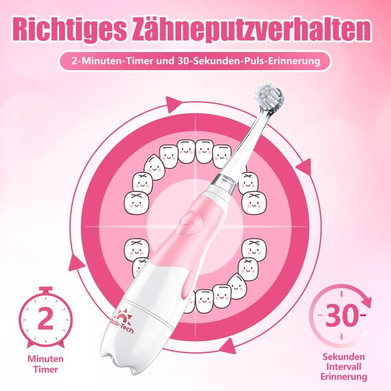 Elektrische Zahnbürste Kinder Baby Zahnbürste Kinderzahnbürste Elektrisch ab 1 2 3 Jahre mit LED-Licht Integrierter Timer 90%abgerundeten Borsten Babyzahnbürste für Kleinkind ab 6 Monate(Rosa Pinguin)