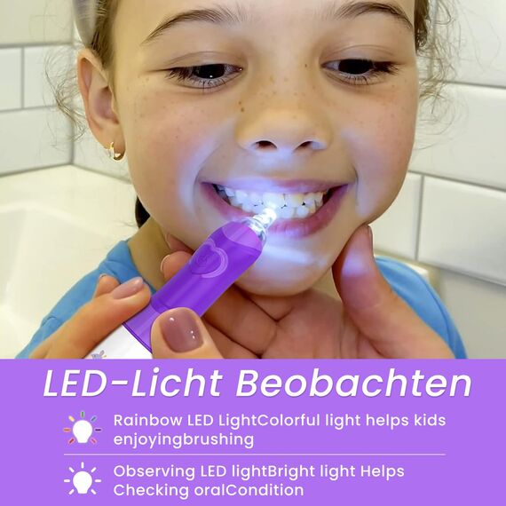 Seago Elektrische Zahnbürste Kinder ab 3-12 jahre Kinderzahnbürsten Elektrisch mit Farbigem Licht Smart Timer 8 Weich Bürstenköpfes Wasserdicht Baby Schallzahnbürste SG977 (Violett-8-DE)