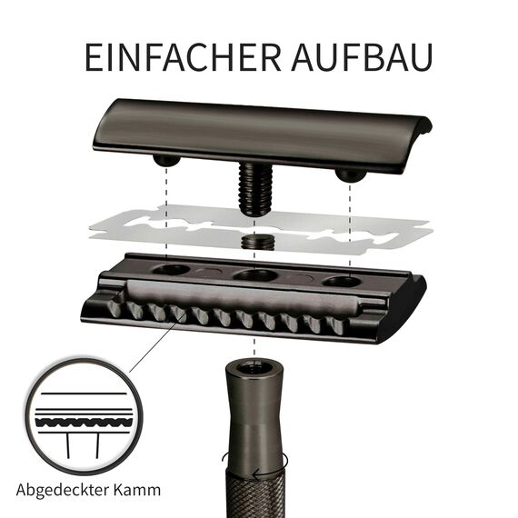 Bambaw Rasierhobel Herren mit Ständer und 5 Rasierhobel Klingen, Metall Rasierer Herren mit Geschlossenem Kamm Für Eine Präzise & Sanfte Rasur, Ausgeglichenes Gewicht für Volle Kontrolle (Schwarz)