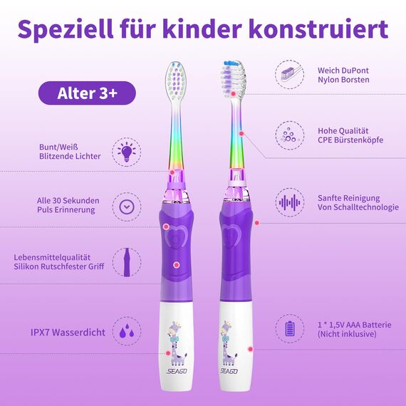 Seago Elektrische Zahnbürste Kinder ab 3-12 jahre Kinderzahnbürsten Elektrisch mit Farbigem Licht Smart Timer 8 Weich Bürstenköpfes Wasserdicht Baby Schallzahnbürste SG977 (Violett-8-DE)