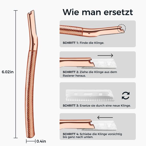 Augenbrauen Rasierer, Wiederverwendbare Gesichtsrasierer für Männer & Frauen, Edelstahl Augenbrauen Trimmer Shaper mit Präzisionsabdeckung, Dermaplaning Tool, Gesichtsrasierer mit 6 Klingen (Roségold)