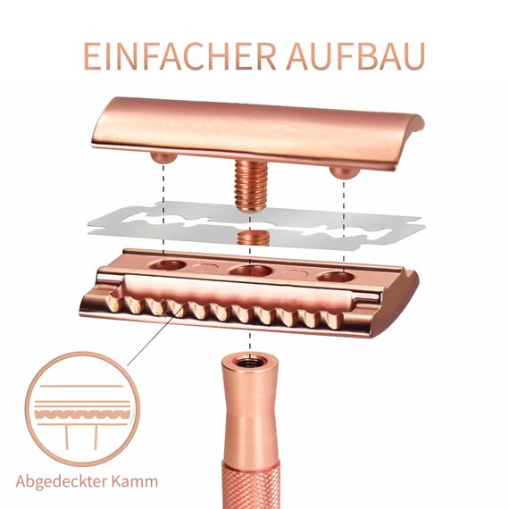 Bambaw Rasierhobel Damen mit Rasierhobel Ständer & 5 Rasierklingen, Metall Rasierer Frauen mit Rutschfestem Griff, Sicher & Wiederverwendbar, Geeignet für Alle Hauttypen (Roségold)