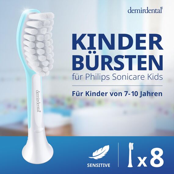 demirdental Ersatzbürsten for Kids passend für Philips Sonicare Ersatzbürsten Kids, Kinder Schallzahnbürsten, Kinder Ersatzbürsten ab 7 Jahre, entspricht HX6044, Türkis, 8er Set