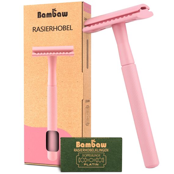 Bambaw Rasierhobel Damen mit 5 Rasierklingen Rasierhobel, Metall Nassrasierer Damen mit Rutschfestem Griff, Sicher & Wiederverwendbar, Geeignet für Alle Hauttypen (Pink)