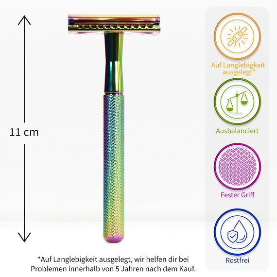 Bambaw Nassrasierer mit 5 Rasierklingen aus Schwedischem Edelstahl, Rasierhobel Geschlossener Kamm, Rasierhobel Metall mit Ausgeglichenem Gewicht für Volle Kontrolle (Regenbogenfarben)