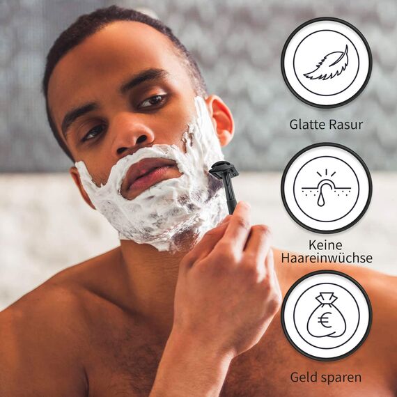 Bambaw Rasierhobel Herren mit Ständer und 5 Rasierhobel Klingen, Metall Rasierer Herren mit Geschlossenem Kamm Für Eine Präzise & Sanfte Rasur, Ausgeglichenes Gewicht für Volle Kontrolle (Schwarz)