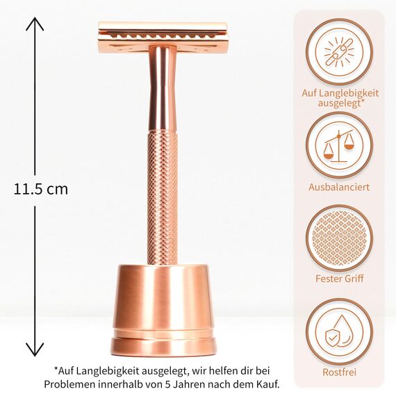 Bambaw Rasierhobel Damen mit Rasierhobel Ständer & 5 Rasierklingen, Metall Rasierer Frauen mit Rutschfestem Griff, Sicher & Wiederverwendbar, Geeignet für Alle Hauttypen (Roségold)