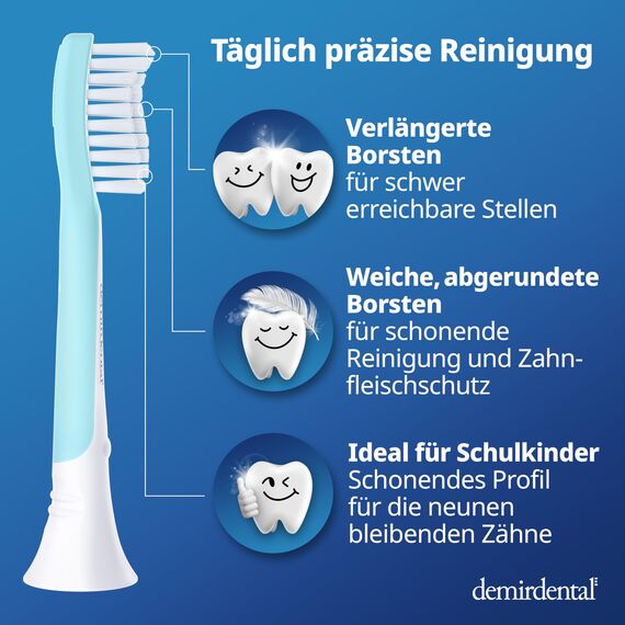 demirdental Ersatzbürsten for Kids passend für Philips Sonicare Ersatzbürsten Kids, Kinder Schallzahnbürsten, Kinder Ersatzbürsten ab 7 Jahre, entspricht HX6044, Türkis, 8er Set