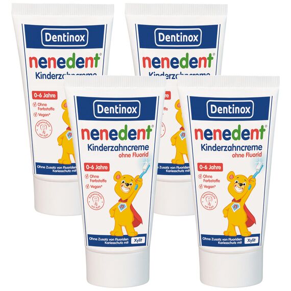 nenedent® Kinderzahncreme ohne Fluorid | Kariesfrei auch ohne Fluorid | für Kinder von 0-6 Jahren | 13% Xylit | 1x50 ml (Packung mit 4)