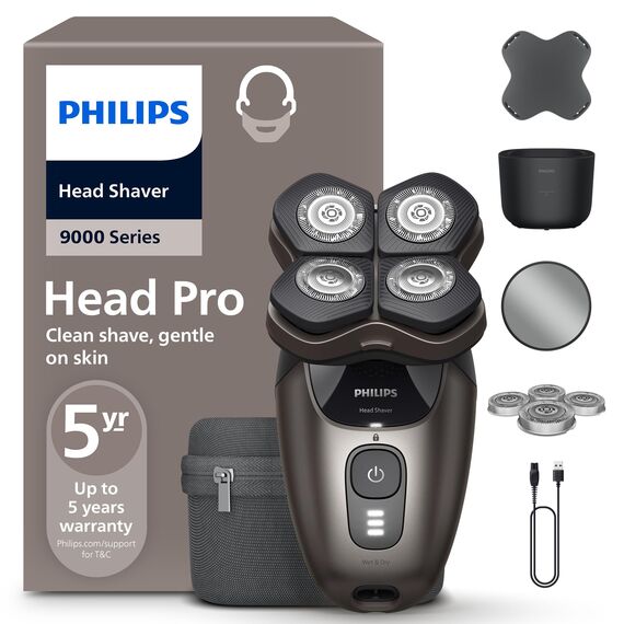 PHILIPS Head Shaver Pro Series 9000 – Glatzenrasierer für Männer und Frauen, flexibler 360grad-Scherkopf und ComfortCut-Klingen für eine gründliche Rasur, sanft zur Haut, Modell HS9980/15