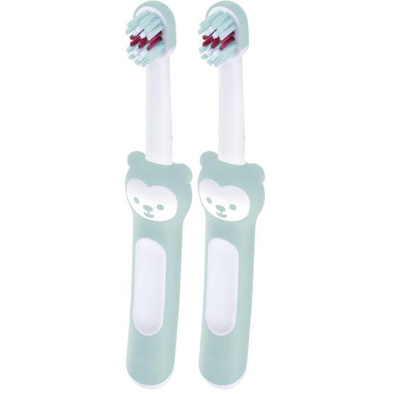 MAM Baby's Brush, Baby Zahnbürste mit kurzem Griff zum einfachen Halten, Kinderzahnbürste zur sanften Zahnreinigung, ab 6+ Monate, türkis (Packung mit 2)