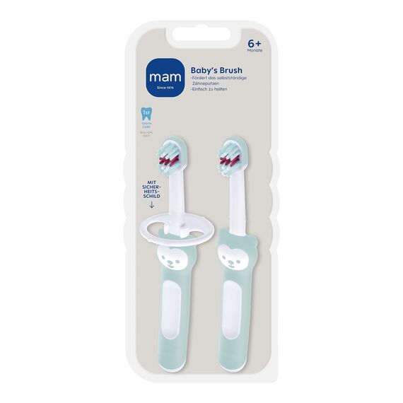 MAM Baby's Brush im 2er-Set, Baby Zahnbürste mit kurzem Griff zum einfachen Halten, Kinderzahnbürste zur sanften Zahnreinigung, ab 6+ Monate, türkis