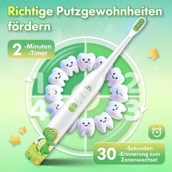 Zahnbürste Elektrisch Kinder ab 3-6-10-12 Jahre, Kinderzahnbürste Elektrisch mit Timer Gewohnheitsbildende Sticker 3 Modi Schallzahnbürste Kinder Jungen Wiederaufladbar (Dinosaurier Weiß)