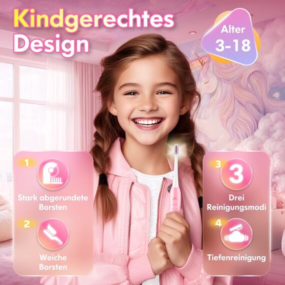 Kinderzahnbürste Elektrisch Elektrische Zahnbürste Kinder ab 3-6-10-12 Jahre mit Timer Gewohnheitsbildende Sticker 3 Modi Schallzahnbürste Kinder Mädchen Wiederaufladbar (Einhorn Neu Rosa)
