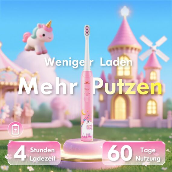 Kinderzahnbürste Elektrisch Elektrische Zahnbürste Kinder ab 3-6-10-12 Jahre mit Timer Gewohnheitsbildende Sticker 3 Modi Schallzahnbürste Kinder Mädchen Wiederaufladbar (Einhorn Neu Rosa)