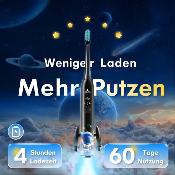 Elektrische Zahnbürste Kinder ab 3-6-10-12 Jahre, Kinderzahnbürste Elektrisch mit Timer Gewohnheitsbildende Sticker 3 Modi Schallzahnbürste Kinder Jungen Wiederaufladbar (Astronaut Schwarz)