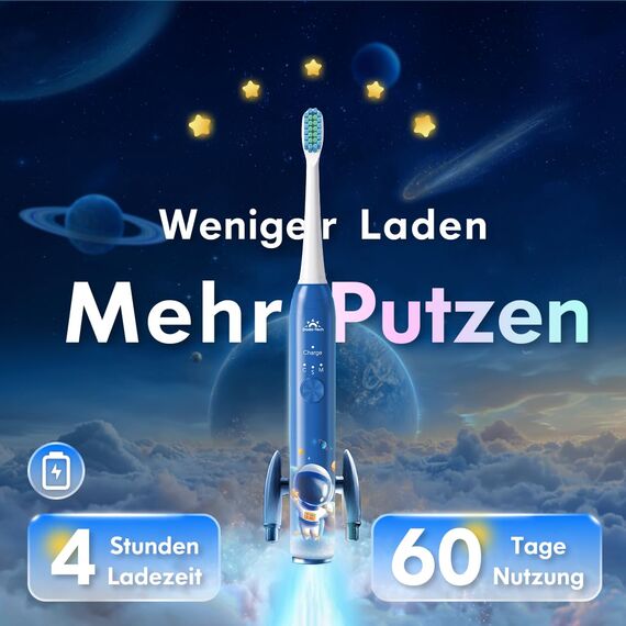 Kinder Zahnbürste Elektrisch ab 3-6-10-12 Jahre, Kinderzahnbürste Elektrisch mit Timer Gewohnheitsbildende Sticker 3 Modi Schallzahnbürste Kinder Jungen Wiederaufladbar (Astronaut Blau)