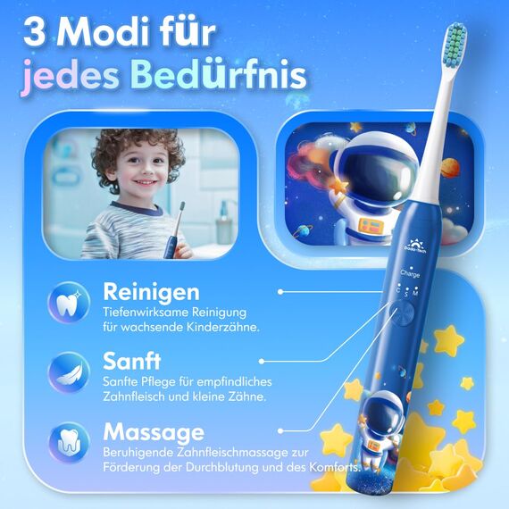Kinder Zahnbürste Elektrisch ab 3-6-10-12 Jahre, Kinderzahnbürste Elektrisch mit Timer Gewohnheitsbildende Sticker 3 Modi Schallzahnbürste Kinder Jungen Wiederaufladbar (Astronaut Blau)