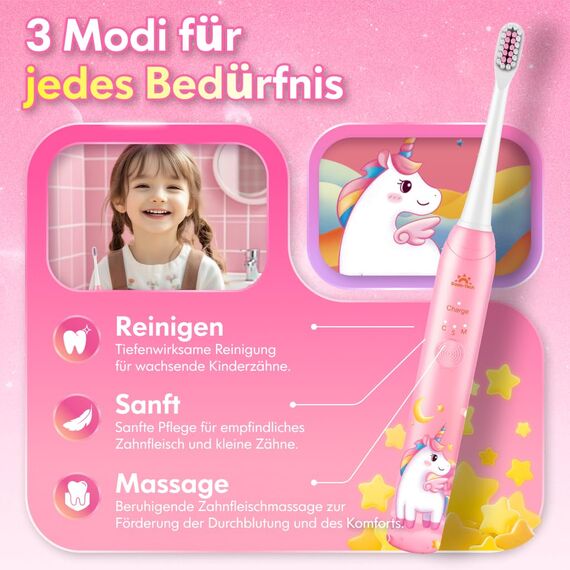 Kinderzahnbürste Elektrisch Elektrische Zahnbürste Kinder ab 3-6-10-12 Jahre mit Timer Gewohnheitsbildende Sticker 3 Modi Schallzahnbürste Kinder Mädchen Wiederaufladbar (Einhorn Neu Rosa)
