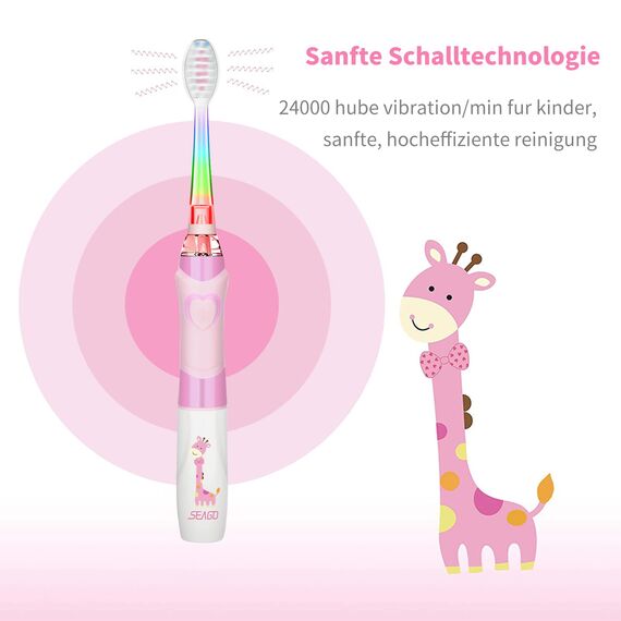 Seago Elektrische Zahnbürste Kinder ab 3-12 jahre Kinderzahnbürsten mit Farbigem Licht Smart Timer 4 Weich Bürstenköpfes Wasserdicht Baby Schallzahnbürste für Mädchen Jungen SG-977 (Rosa)